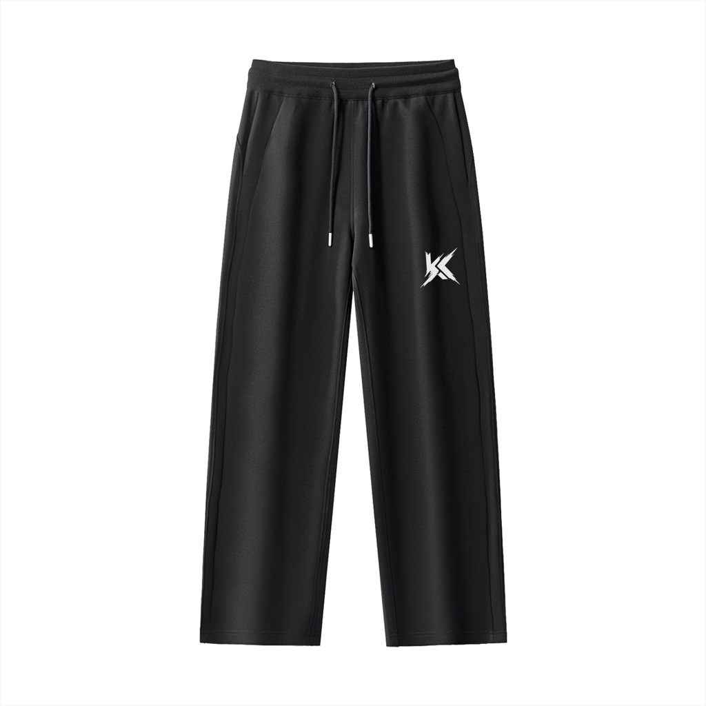 Black straight leg sweatpants with drawstring waist and KYRONIX logo