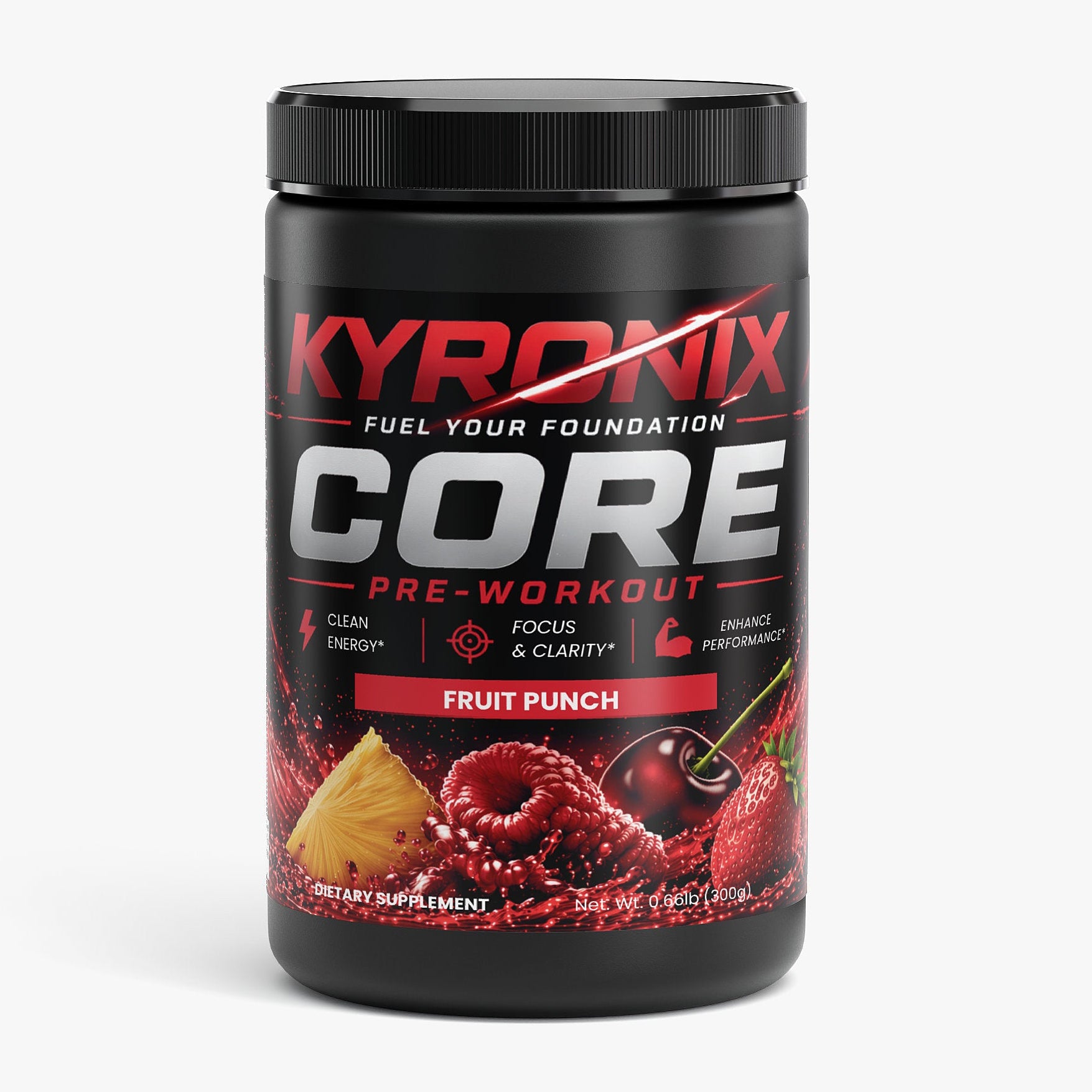 Kyronix Core pre-workout supplement container with fruit punch flavor on a white background