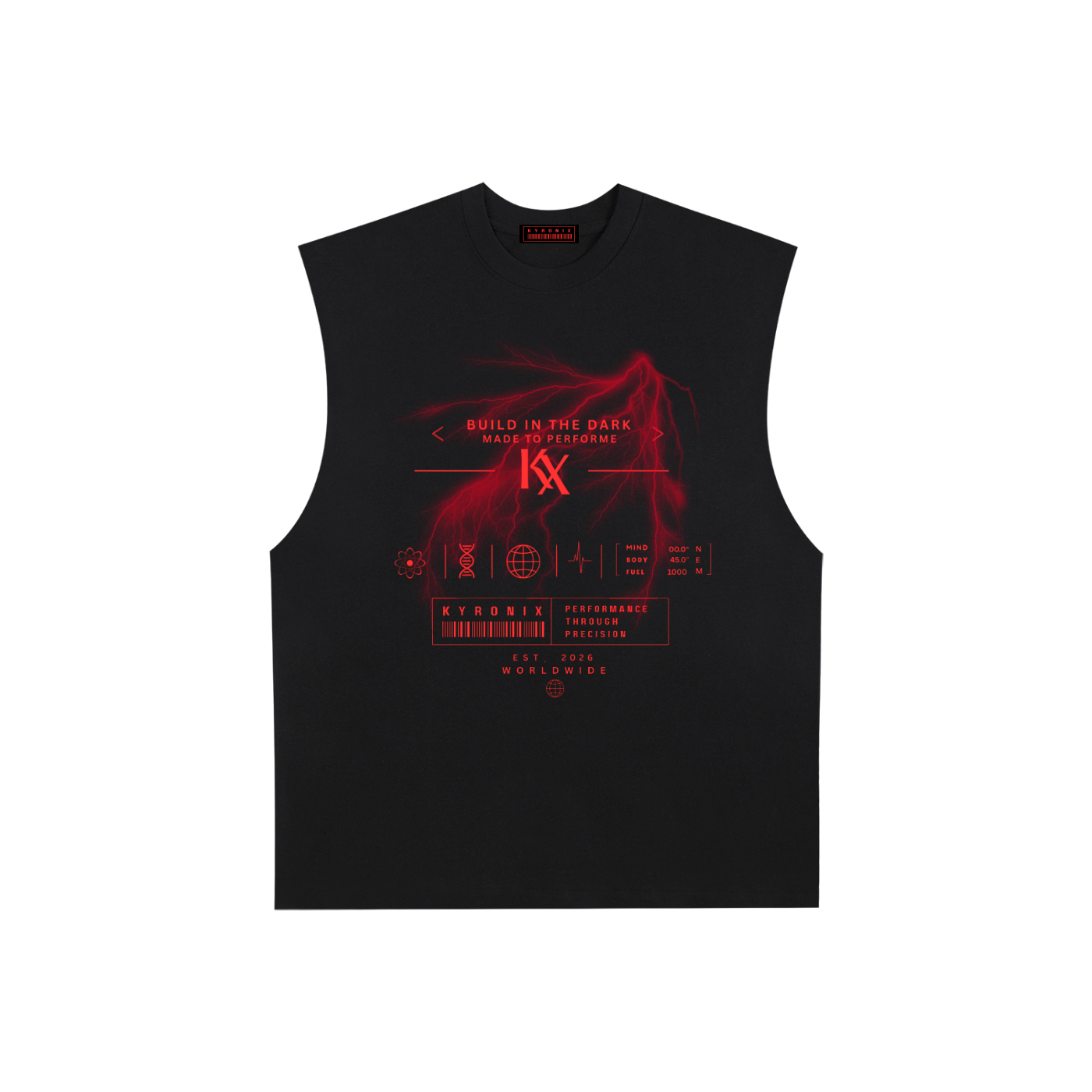 Black sleeveless raw edge tank top with red graphic design and KYRONIX logo
