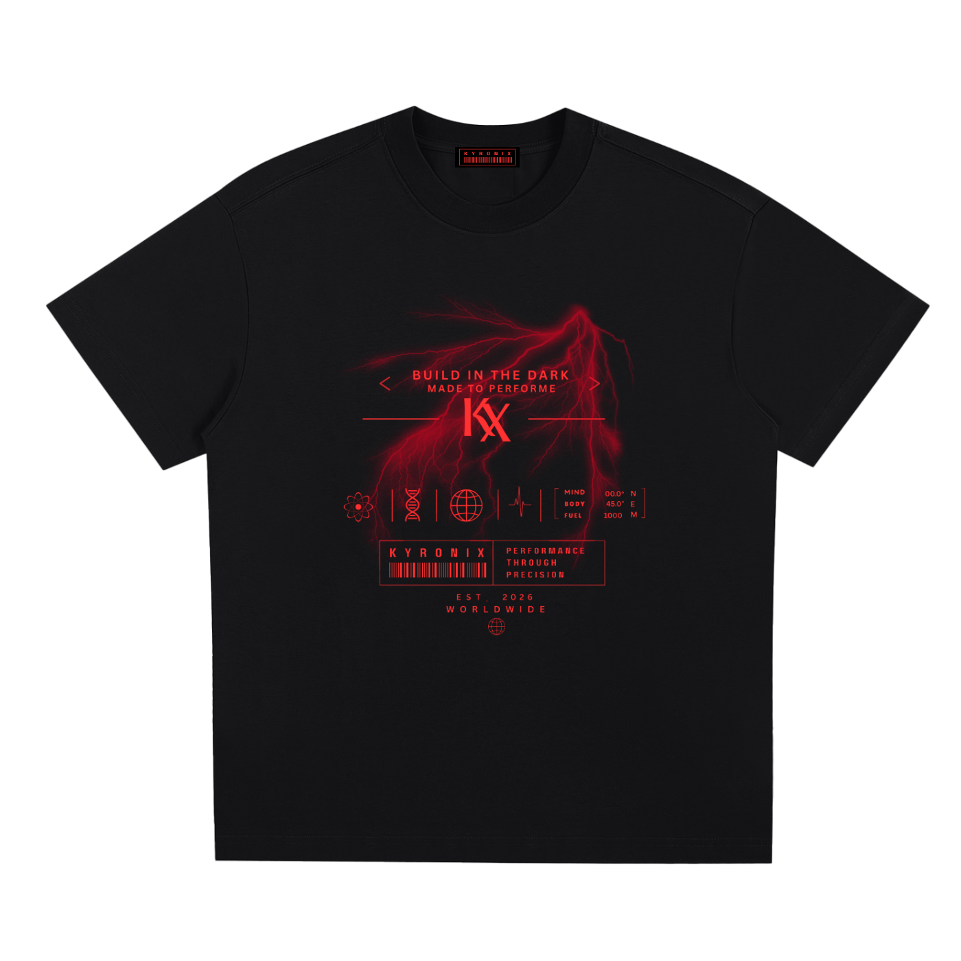 Black graphic t-shirt with red front design and KYRONIX logo