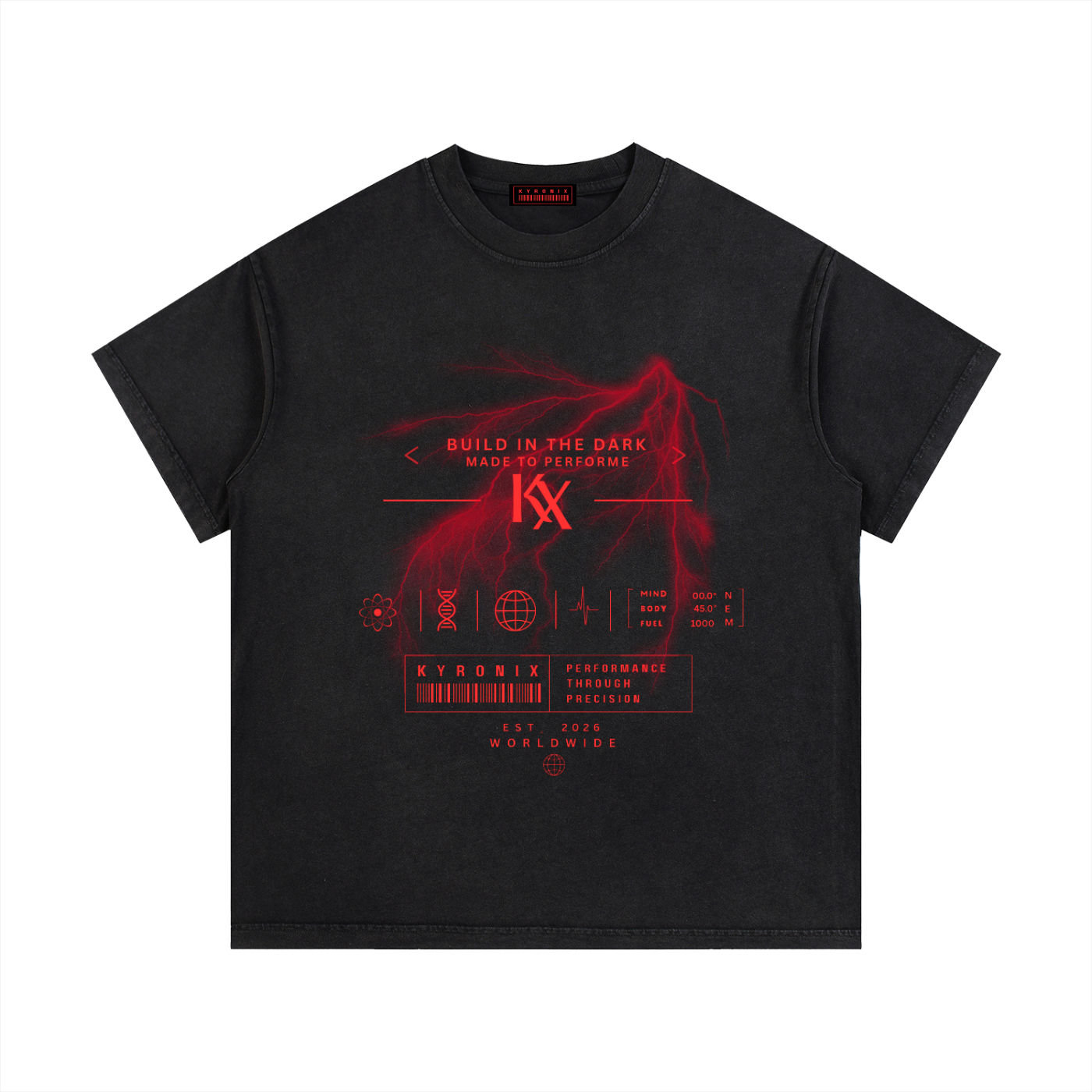 Washed black graphic t-shirt with red front design and KYRONIX logo