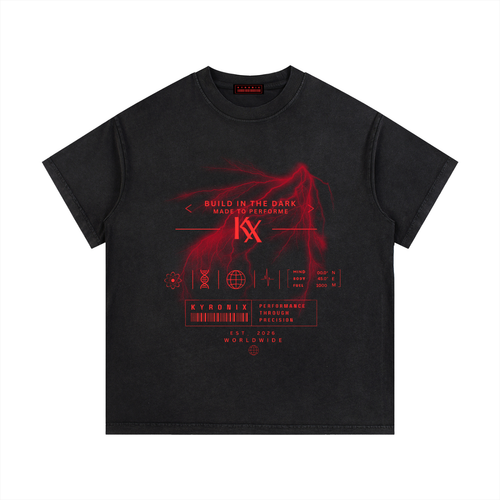 Washed black graphic t-shirt with red front design and KYRONIX logo