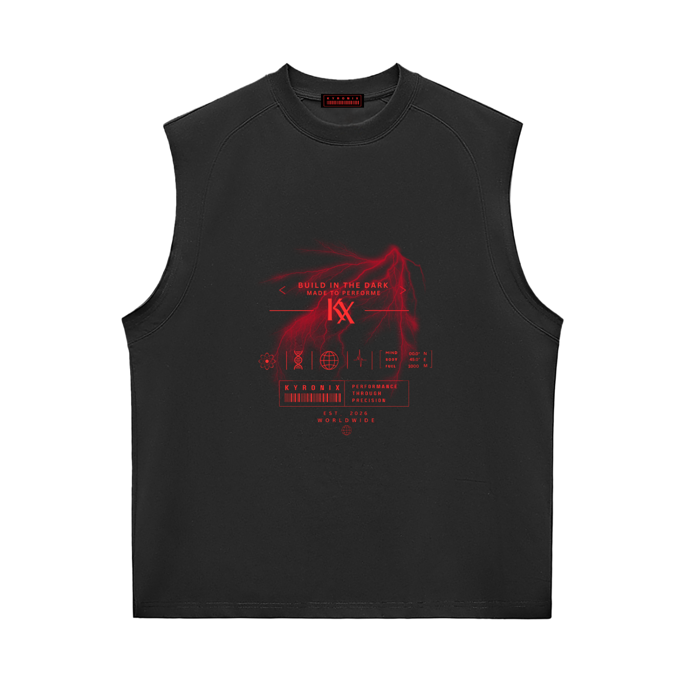 Black sleeveless graphic t-shirt with red front design and KYRONIX logo
