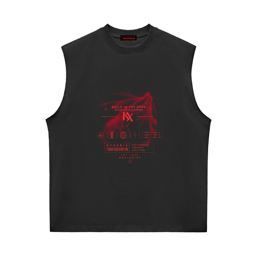 Black sleeveless graphic t-shirt with red front design and KYRONIX logo