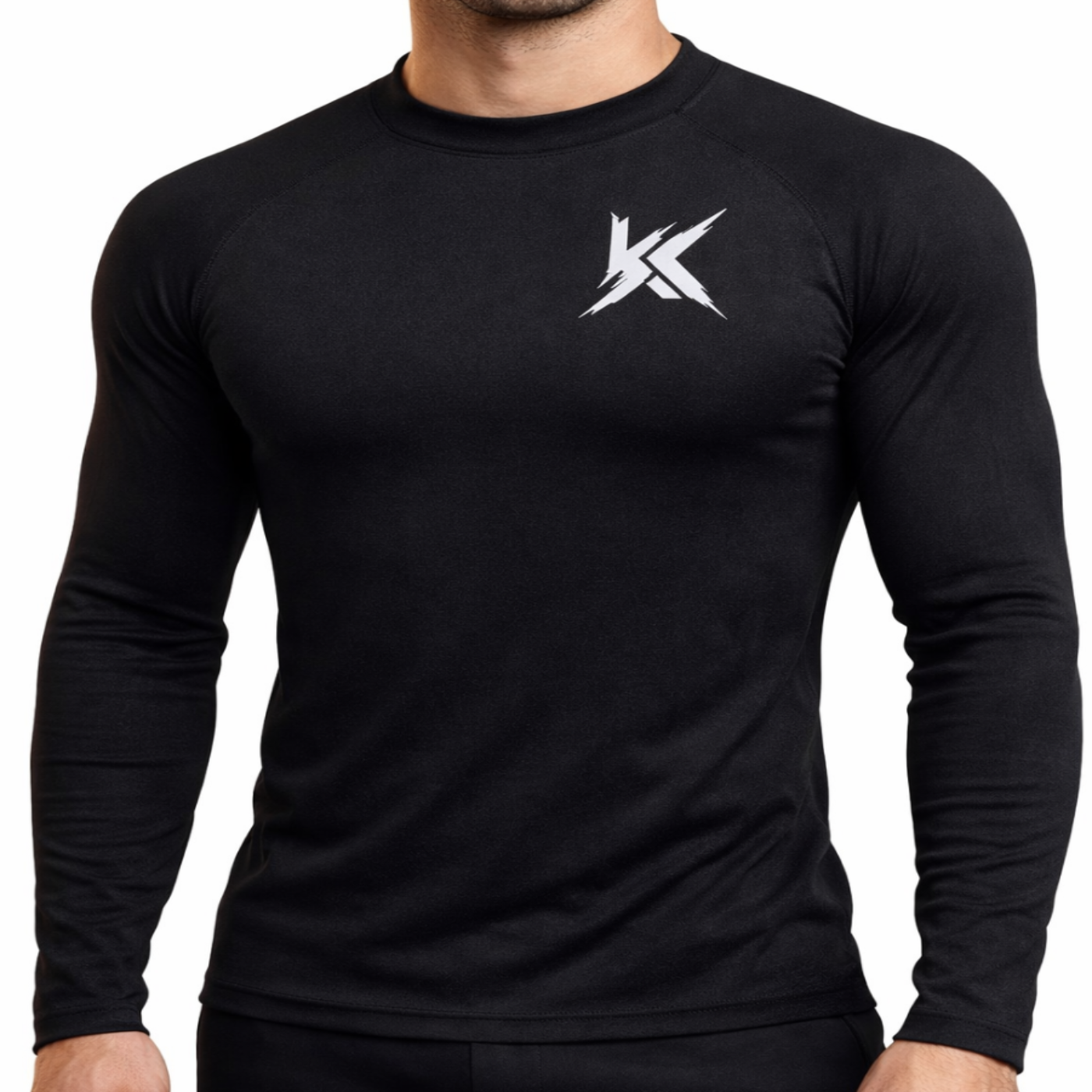 Black long-sleeve shirt with a logo on a white background