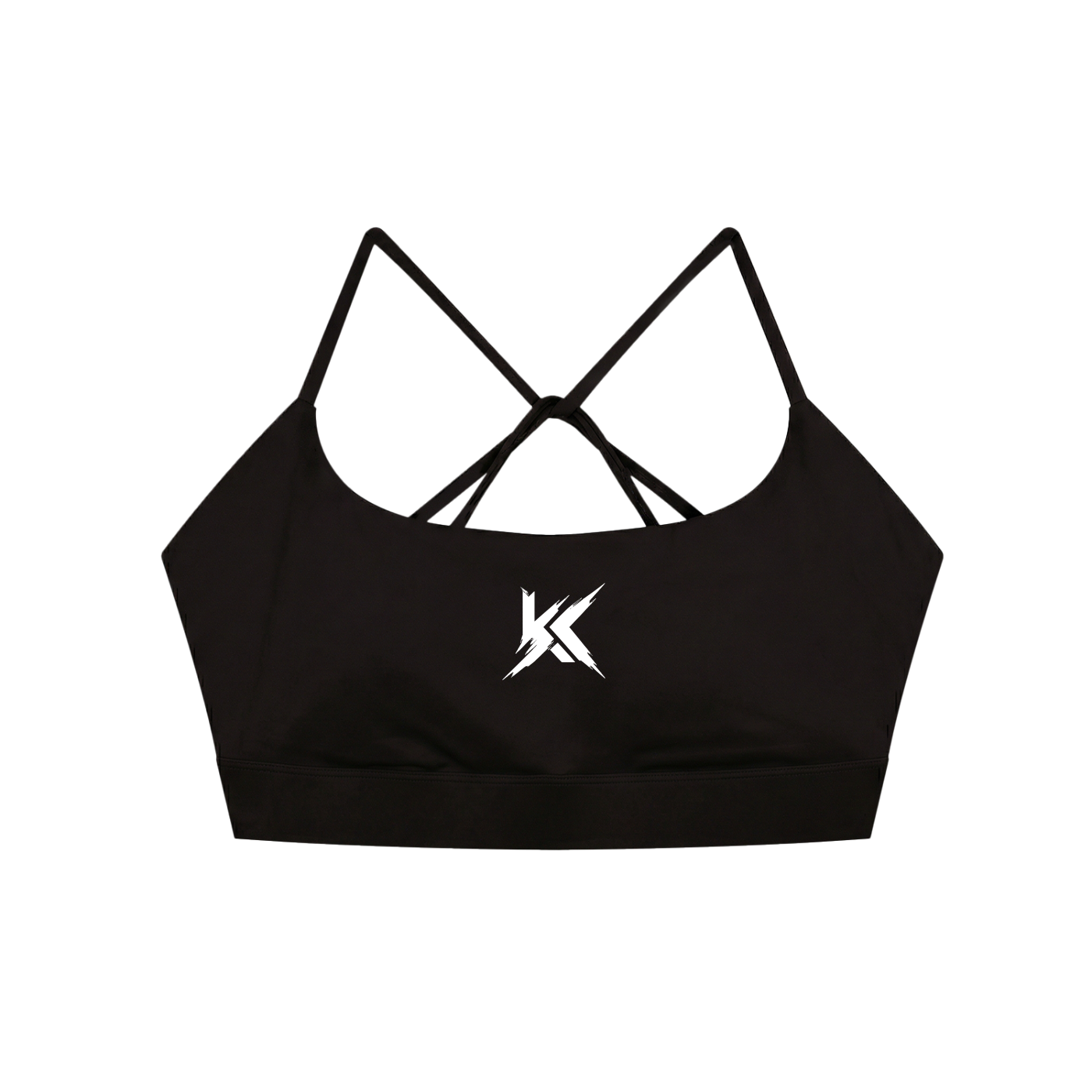 Black sports bra with criss cross back straps and KYRONIX logo