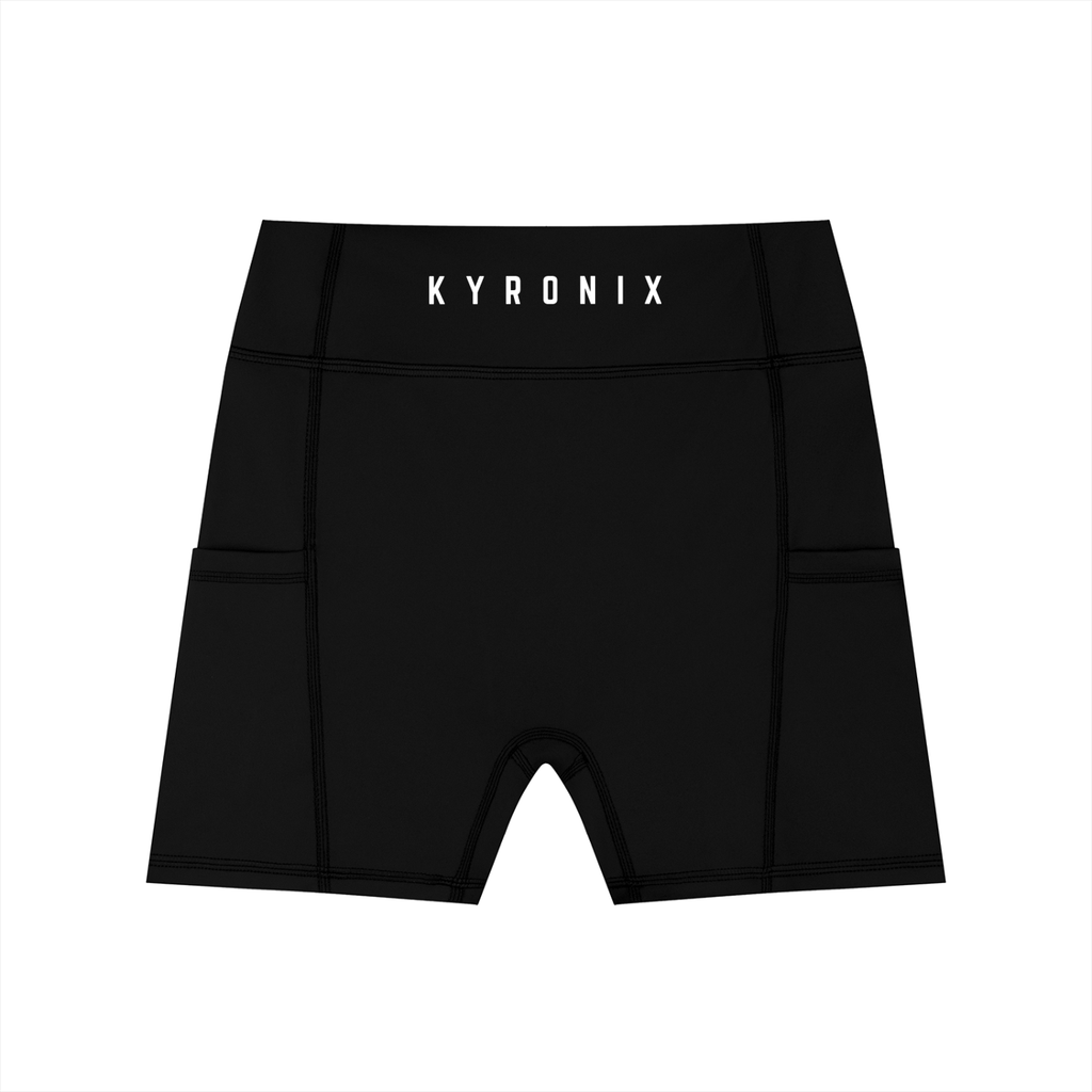 Black shorts with 'KYRONIX' branding on a white background