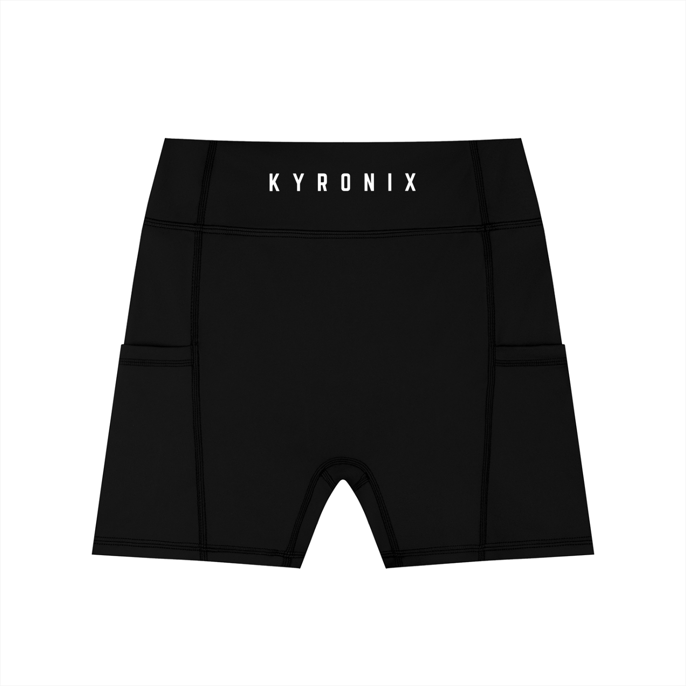 Black shorts with 'KYRONIX' branding on a white background