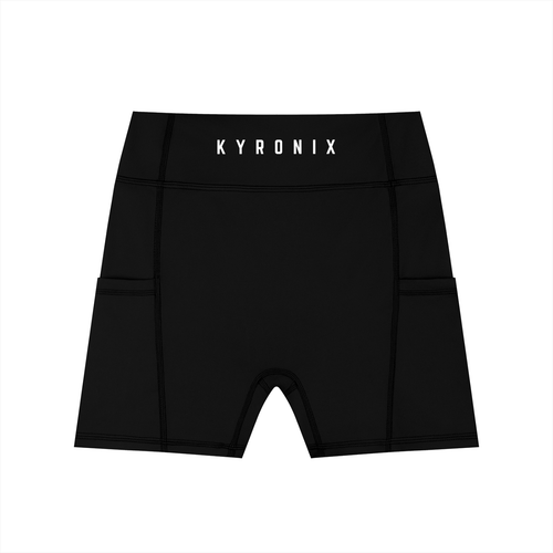 Black shorts with 'KYRONIX' branding on a white background
